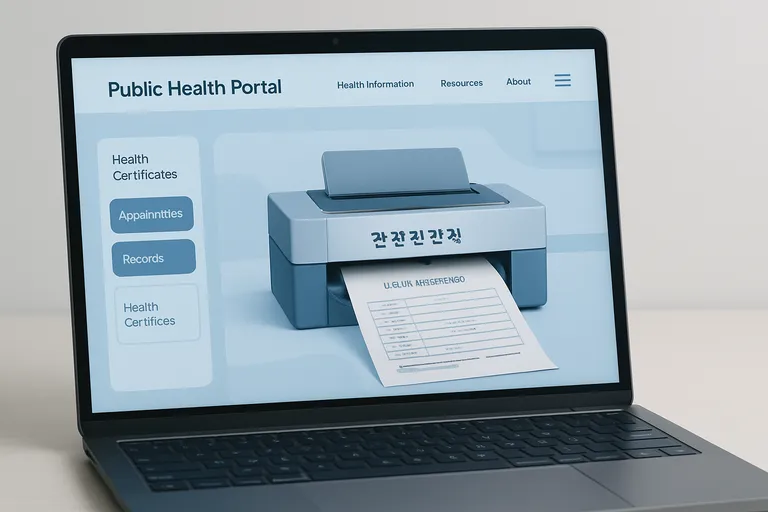 2025 보건증 발급 방법 총정리 (비용, 검사항목, 온라인 발급) 5 '공공보건포털' 웹사이트 화면이 보이는 노트북과 그 옆에 놓인 프린터에서 보건증