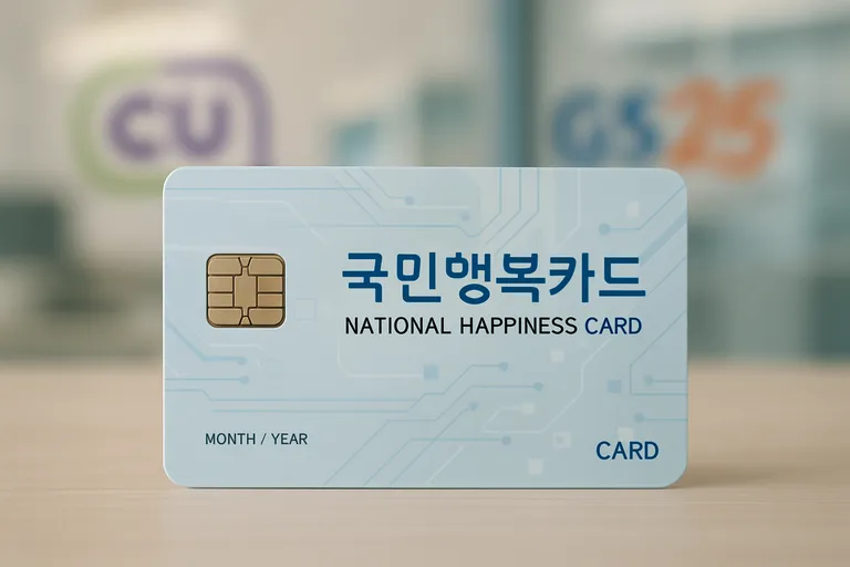 '국민행복카드' 실물 카드와 함께 CU, GS25 등 사용 가능한 편의점 로고들이 배경에 보이는 이미지