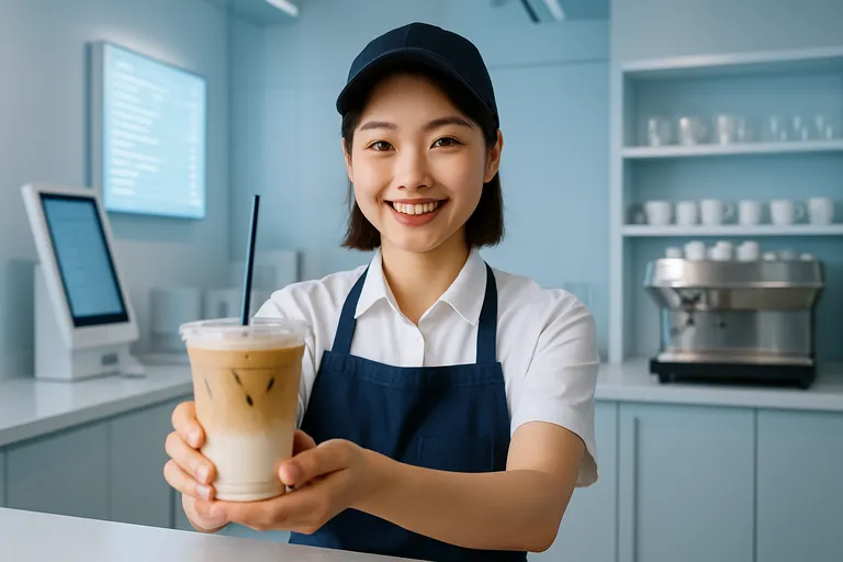 2025 보건증 발급 방법 총정리 (비용, 검사항목, 온라인 발급) 2 깔끔한 유니폼을 입은 카페 직원이 웃으며 음료를 건네는 위생적이고 신뢰감 있는 모습