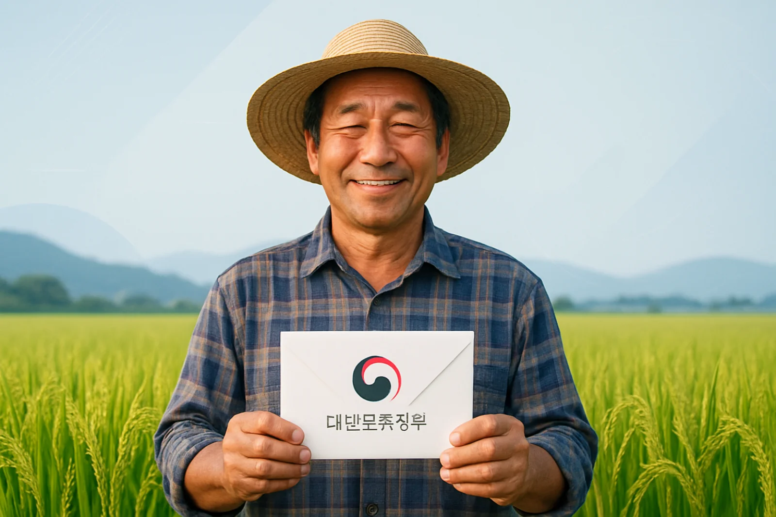2026년 공익직불금 신청자격 및 방법 (소농, 면적직불금 총정리) 2 농부가 풍요로운 논밭을 배경으로 정부 로고가 찍힌 지원금 봉투를 들고 만족스럽게 웃는 이미지