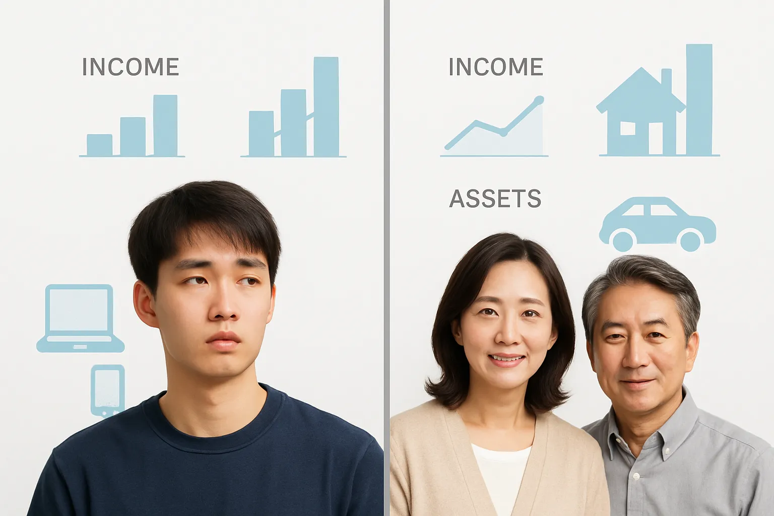 달력에 '20만원'이라고 쓰인 스티커가 매달 붙어있고, 그 옆에 웃는 청년