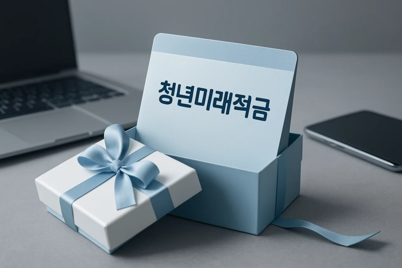 물 상자에서 '청년미래적금'이라는 새 통장이 나오는 모습의 이미지