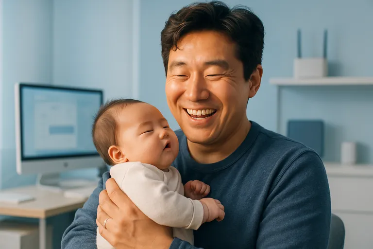 아빠가 아기를 안고 행복하게 웃고 있는 따뜻한 분위기