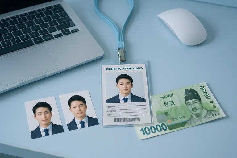 2025 공무원 채용 신체검사 비용, 기간, 준비물 총정리 꿀팁까지 4 책상 위에 신분증, 증명사진 2매, 그리고 5만원권 지폐가 깔끔하게 정돈되어 있는 이미지