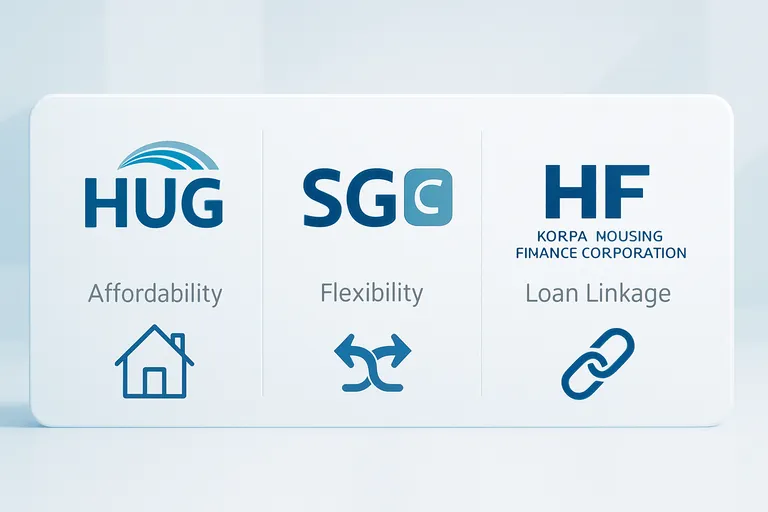 전세보증보험 HUG, SGI, HF 완벽 비교 (2025년 최신 가이드) 3 HUG, SGI, HF 세 보증기관의 로고와 함께 각 기관의 핵심 특징(저렴, 유연, 대출연계 등)을 아이콘으로 비교
